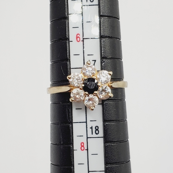 9k Solid Yellow Gold Genuine Dark Blue Sapphire & Diamond Flower Ring - Picture 5 of 9